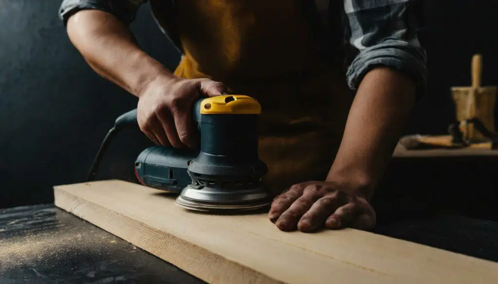 Close-up d'une ponceuse orbitale en action sur une surface en bois dans un atelier, montrant le processus de ponçage.